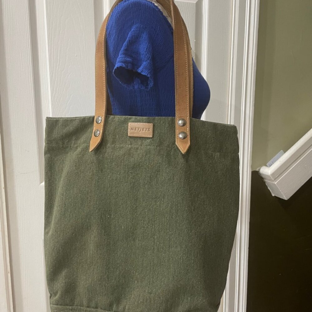 MILITARY GREEN CANVAS LEATHER TOTE BAG NETJETS BRAND - Picture 15 of 16